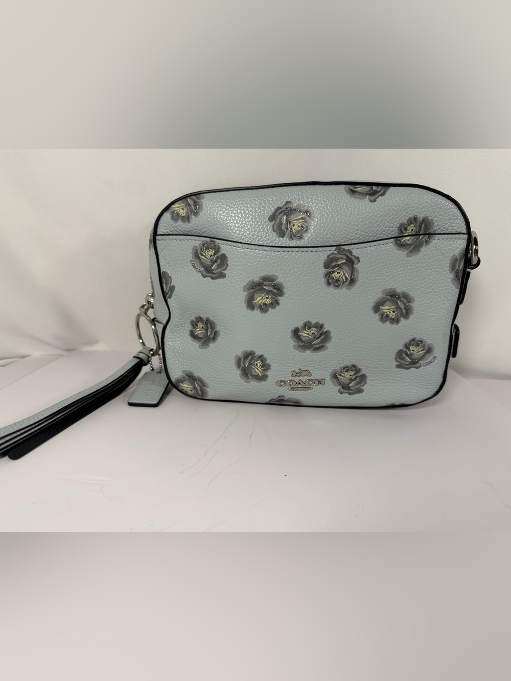 4293: COACH Floral Print Blue Pebbled Leather Camera Crossbody Bag